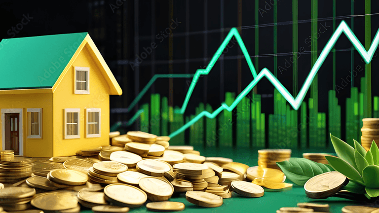 House model surrounded by coins and plants, with a financial graph in the background